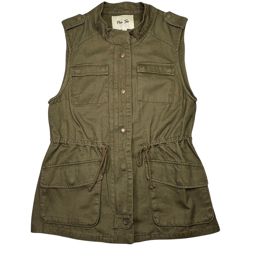 Per Se Utility Vest Womens M Olive Green Drawstring Cargo Pockets 100% Cotton
